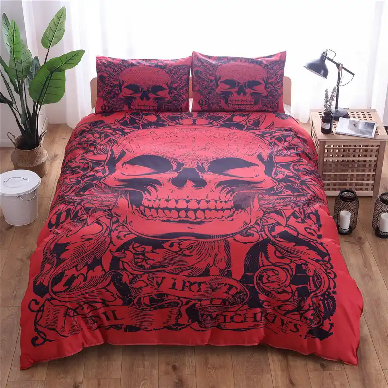 Red Skull Printed Duvet Cover Set 2 3pcs Single Double Queen King