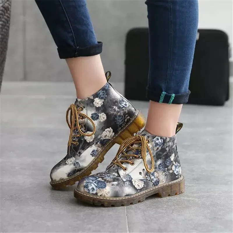 

Women Martin Boots Print Flower Lace Up Ladies Sewing Platform Ankle Boots Spring Female New Fashion Casual Footwears