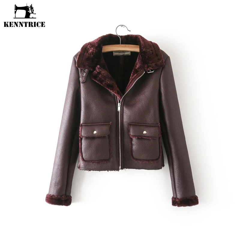 

KENNTRICE High Quality Women Pu Leather Jacket Winter Warm Fleece Coats Double Pockets Female Short Outerwear