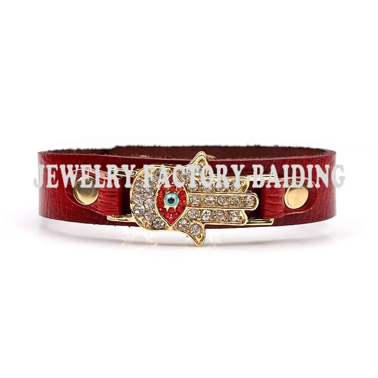 

PU leather handcuffed bracelet palm shape crystal lucky blue evil eyes Turkish charms bracelets for gifts