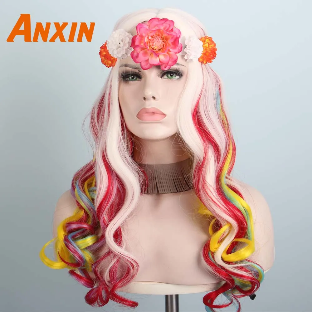 Anxin милые длинные волнистые красочные парики с цветком Bwoknot аксессуары вечерние аниме термостойкие синтетические парики для женщин девушек