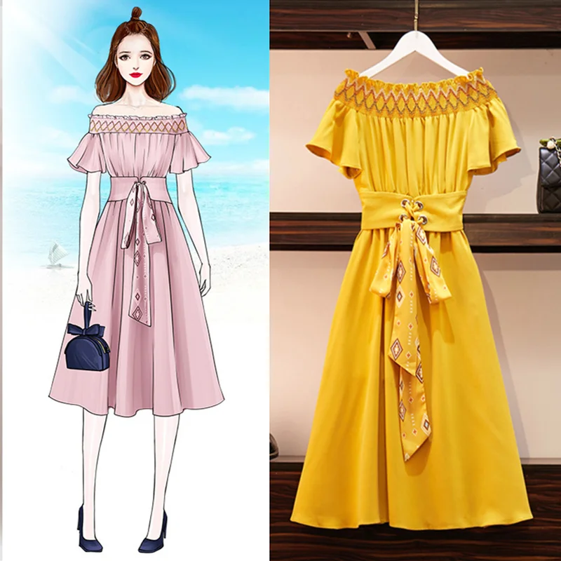 

Fashion Women Runway Sundress Sexy Slash Neck Butterfly Sleeve Chiffon Dress With Sashes Women's Party Wear Knee Length Dress