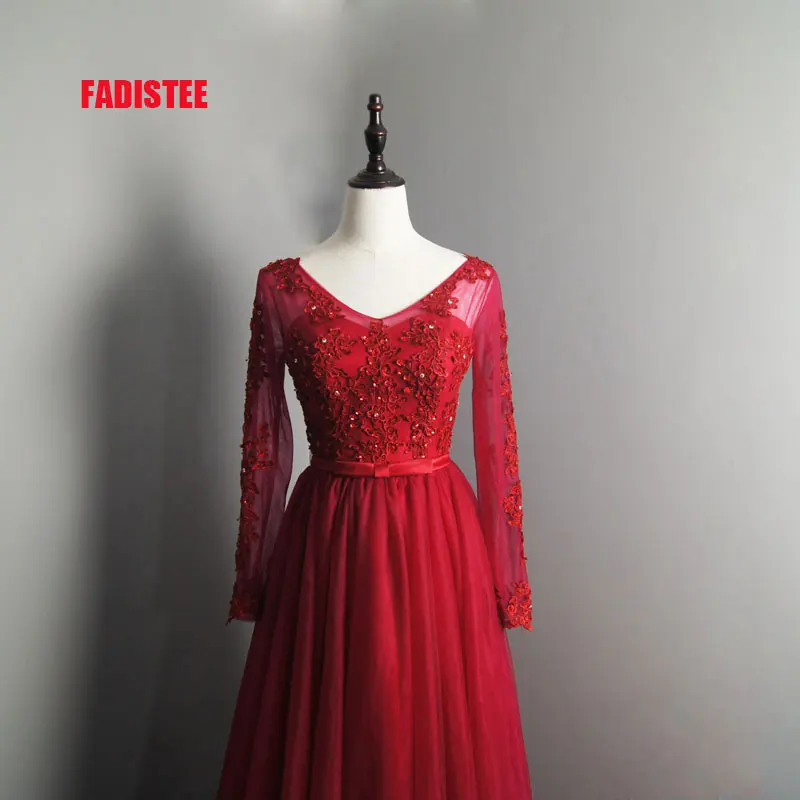 FADISTEE Новое поступление элегантное вечернее платье вечерние платья Vestido de Festa с аппликацией вечернее платье с вышивкой бисером полный рукав v-образный вырез сзади