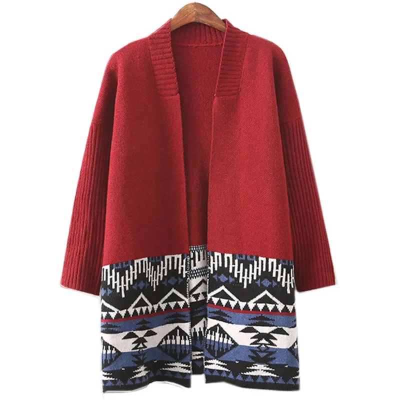 

2016 winter new sweater coat national wind geometric loose long knit cardigan jacket V-neck sweaters clothing vestidos MMY203