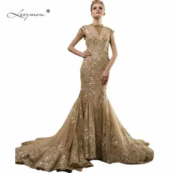 Leeymon настоящее золото Русалка свадебное платье 2019 с открытой спиной Высокая шея свадебное платье Роскошные дубайское вечернее платье W12