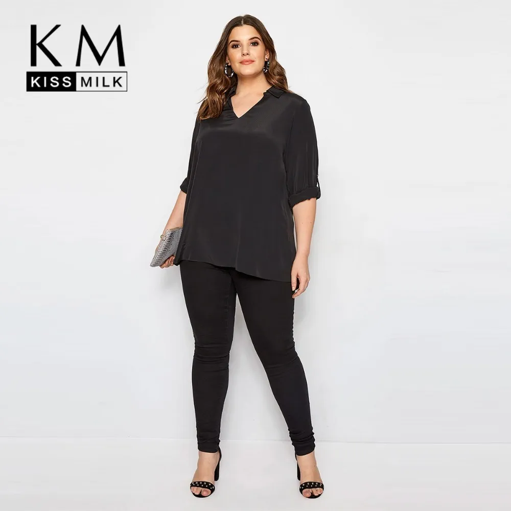 

Kissmilk Plus Size Women Clothes V-neck Careful Machine Cross Backless Buckle Sleeves Loose Shirt
