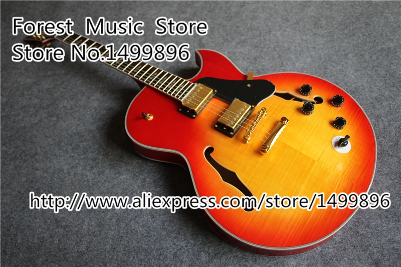 

New Arrival Cherry Sunburst Tiger Flame Finish ES Electric Guitar China Single Cut Hollow Guitar Body