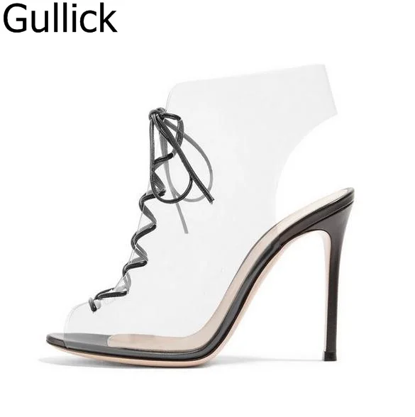 

Hot Sale Women PVC Transparent Ankle Boots Peep Toe Lace-up Gladiator Sandals Boots For Women Cut-out Thin Heels Dress Shoes