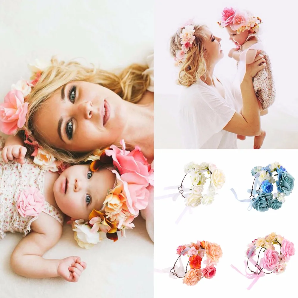 

Puseky 2pcs Mother Baby Girl Flower Head Band Garland Wreath Lovely Set Parent-Child Family Headwear Toddler Infant Photo Props