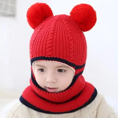 RUHAO/милый шарф с капюшоном шапки для маленьких мальчиков и девочек зимний теплый вязаный шарф с капюшоном и ушками из мультфильмов, деликатно вязанная твердая шляпа - Цвет: Red