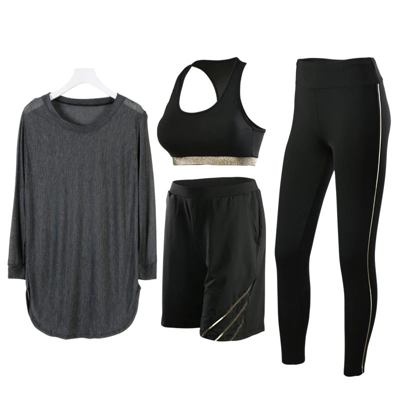 

2018 New Women's Fitness Yoga Set Sports Suit Elastic Fine Gauze T-shirts Sports Bras Yoga Pants Tight Suits 4 Pcs Women Legging