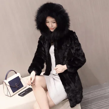 

2018 New style elegant natural mink fur coat outerwear women medium long real mink fur jacket with hood for autumn winter