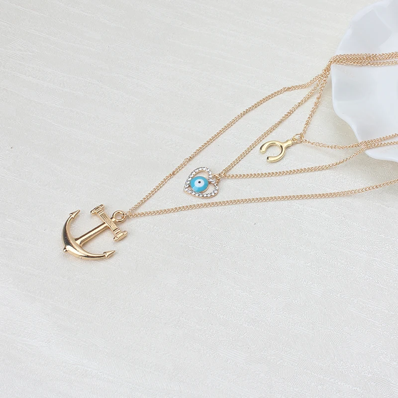 

1pc Bohemia Style Evil Eye Pendant Necklace Golden Heart/Anchor/Hamsa Hand Charms Necklace Multilayer Chain Fashion Jewelry EY