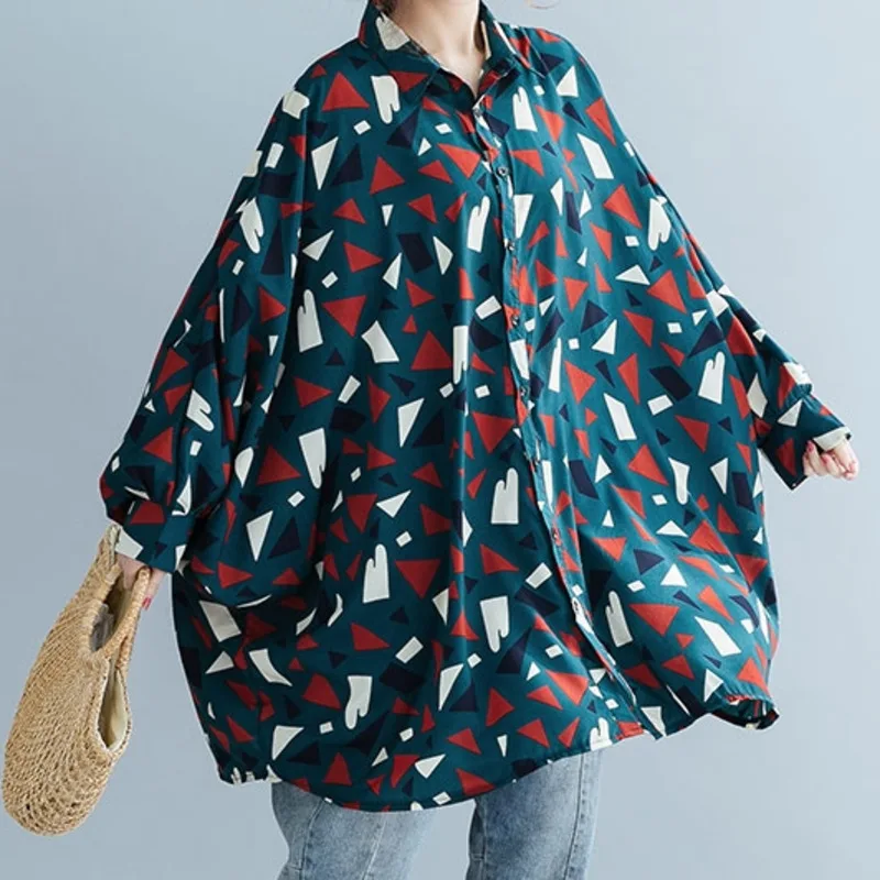 

[EWQ] 2019 Autumn New Pattern Casual Style Large Size Loose Batwing Sleeve Geometric Pattern Long Length Lapel Collar ShirtAF798