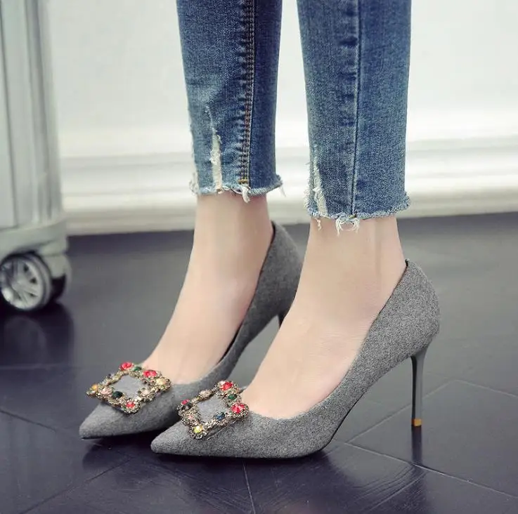 Sauvage À Chaussures Sexy Des Talons Avec Automne Nouveau Carrée Strass Pointes Fines 2018 Femmes De Boucle gris Hauts Noir dxZwHq1zf