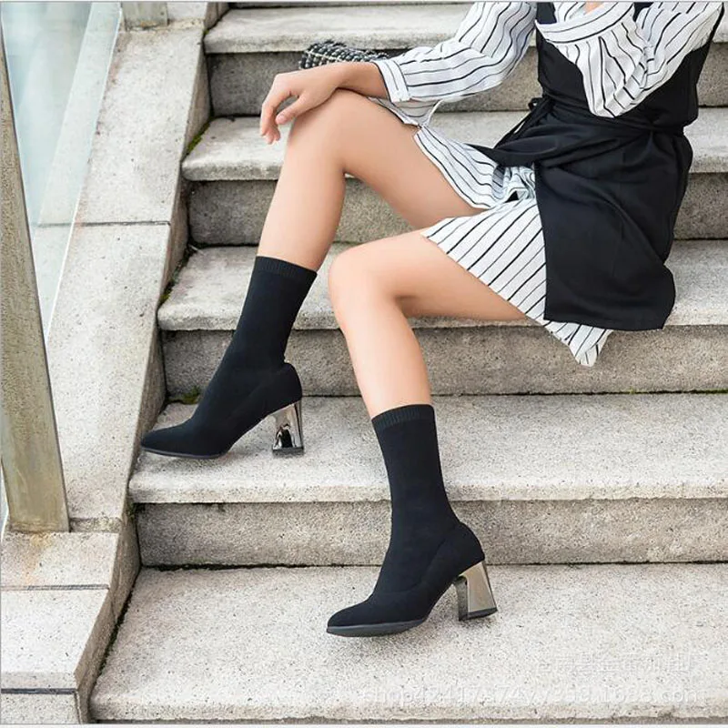 

Spring Autumn Women Butterfly-knot Chelsea Boots Slip-On Med High Heels Pointed Toe Shoes Woman