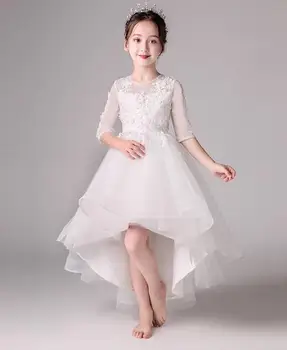 

summer brand Handmade lace applique Girls wedding Dress Chiffon Handmade Headband Girl Mermaid Dress Kid Trailing Clothing