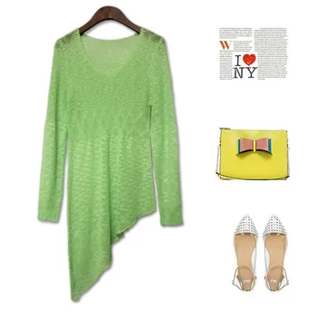

Almoda Women Stylish Irregular Sweater O-Neck Pullover Asymetrical Female Sweater Top Candy Color Pink Green Grey Black White