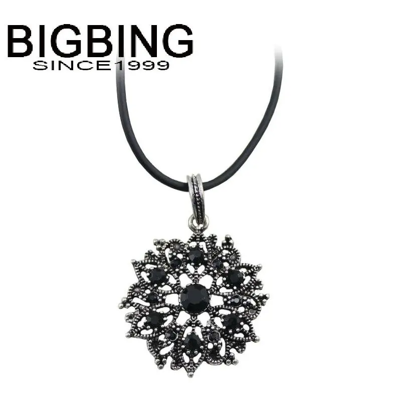 

J001 BIGBING fashion jewelry retro silver black crystal flower pendant Necklace fashion women chains necklace high quality