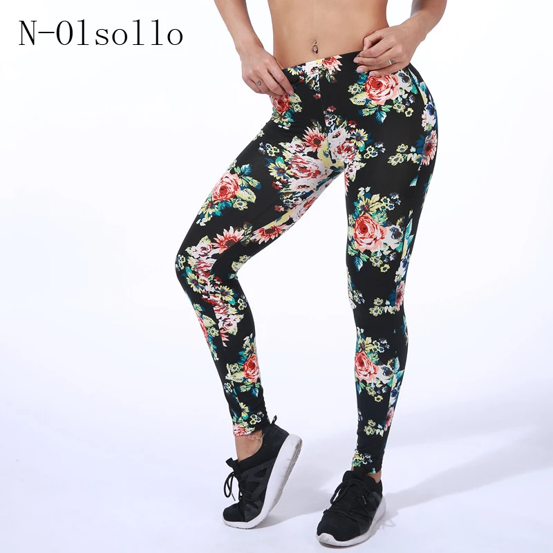 Hot Sale Peony Floral Printed Legins Women Black Shiny Leggings Mid
