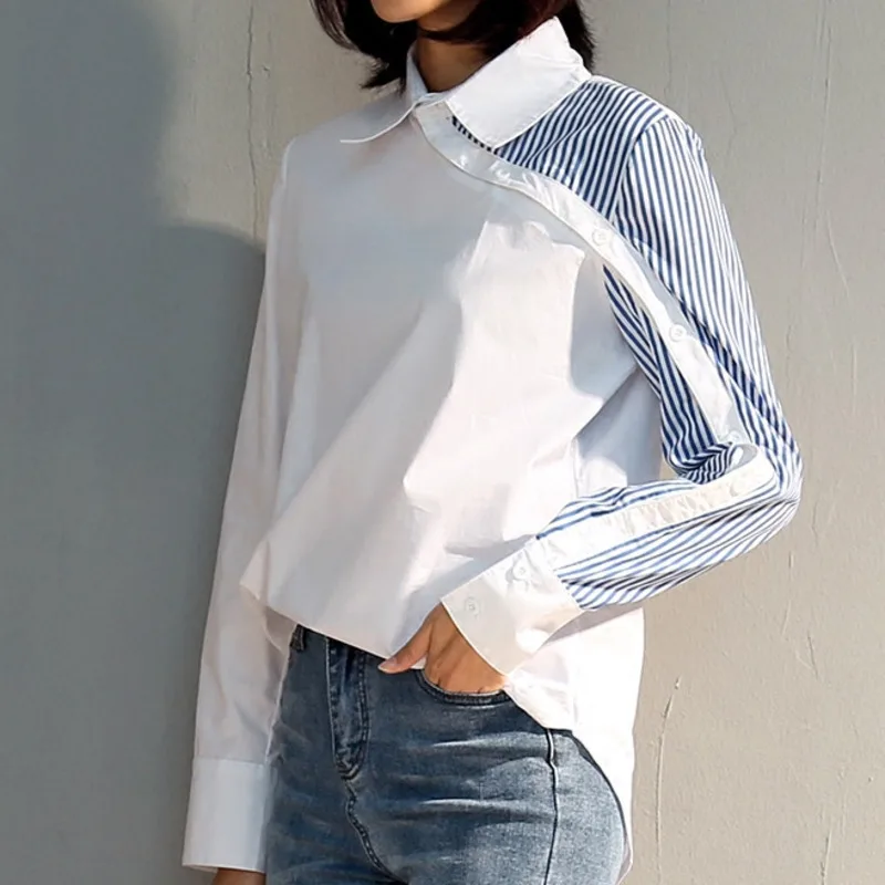 LANMREM Fashion Spliced Stripe Turn-down Collar Full Sleeve Blouse Personality Asymmetrical summer Women Shirt Clothes BC845