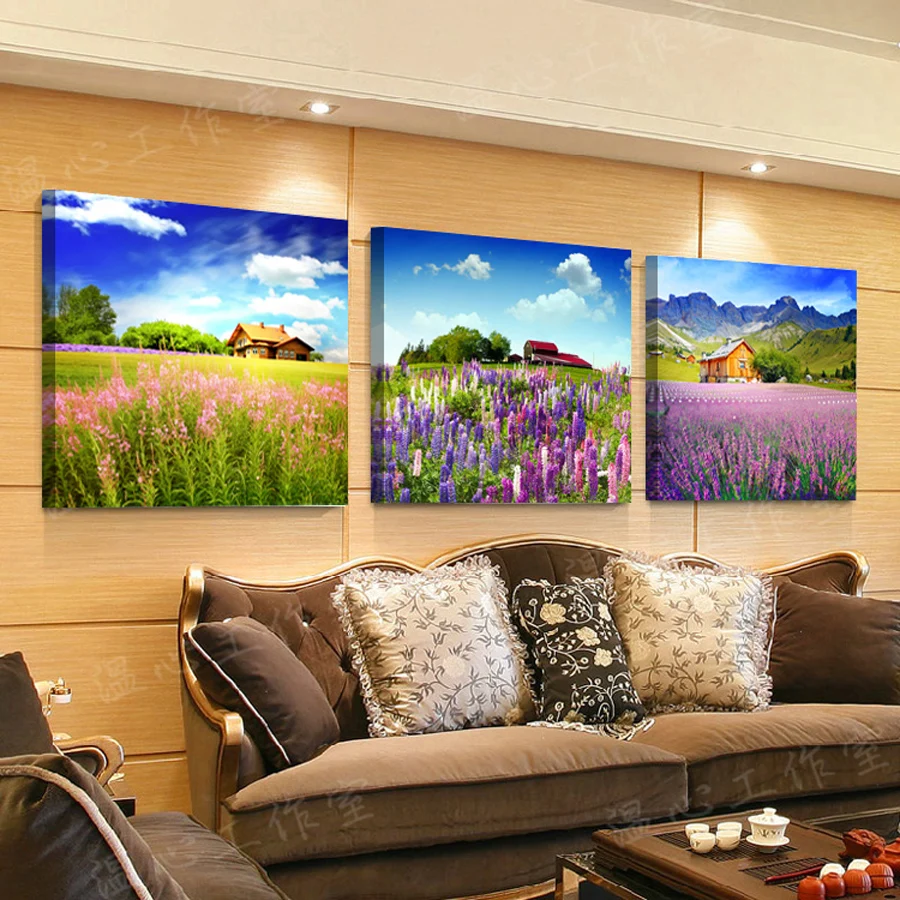 

Printed Painting modern home decorative Painting Lavender Painting on canvas 3 Panel Wall art With Framed W0146
