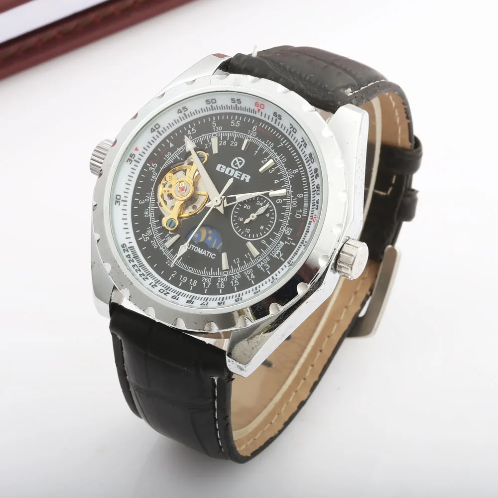 GOER Новая мода Tourbillion мужская одежда мальчик автоматические механические кожаные мужские спортивные часы большой циферблат Relojes Hombre