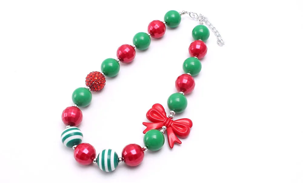 MHS. SUN Рождественская мода для детей, детское массивное ожерелье с бусинами из жевательной резинки, 1 шт., ручная работа, красная цепочка с бантом, ожерелье, ювелирное изделие, подарок для девочек