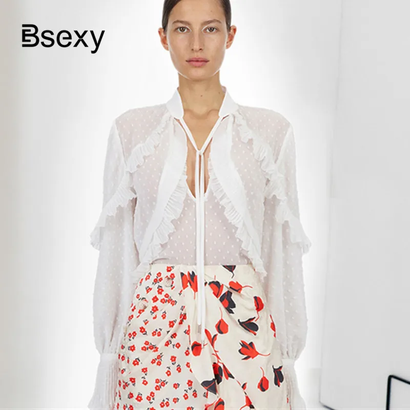 

Spring Women's Long Sleeve CHiffon Blouse 2019 Bows Ruffle Polka Dot White Women Shirts Boho Chic Flare Sleeve Tops Female