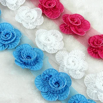 

Newst 15 yards / lot 3D Chiffon Flowers Lace Trim Lace Fabric DIY Voile Bridal Bouquets Lace Ribbon Corsage
