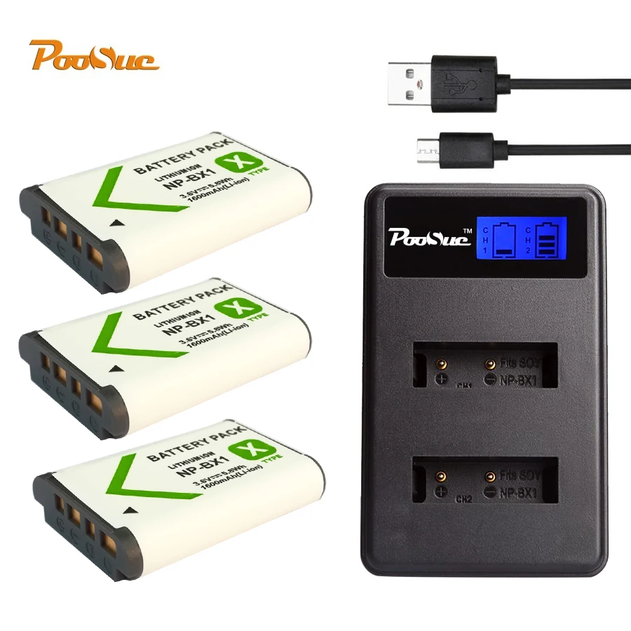 3Pcs NP BX1 Battery NP BX1 +Poosue LCD Charger For Sony DSC RX100 WX500