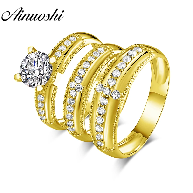 

AINUOSHI Real Gold TRIO Rings 10k Yellow Gold Couple Wedding Ring Set Cross Design Band Lover Engagement Wedding Rings Jewelry