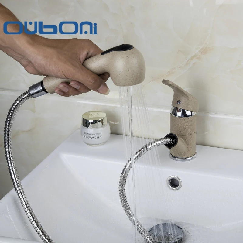 

OUBONI Pull Out Cream-coloured Solid Brass Faucets Mixers &Taps Newly Swivel Hot And Cold Mixer Tap Painting Bathroom Faucet Tap