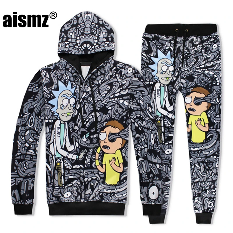 

Aismz Fashion Autumn Winter Casual Mens Tracksuit Set Cartoon 3D Print Hooded Sweatshirt+Pants 2 Piece Sets Moletom Masculino