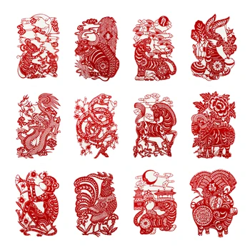 

free shipping 12pcs Chinese colorful paper-cut window stickers traditions 12 Zodiac home decoration crafts gift Wall Decals