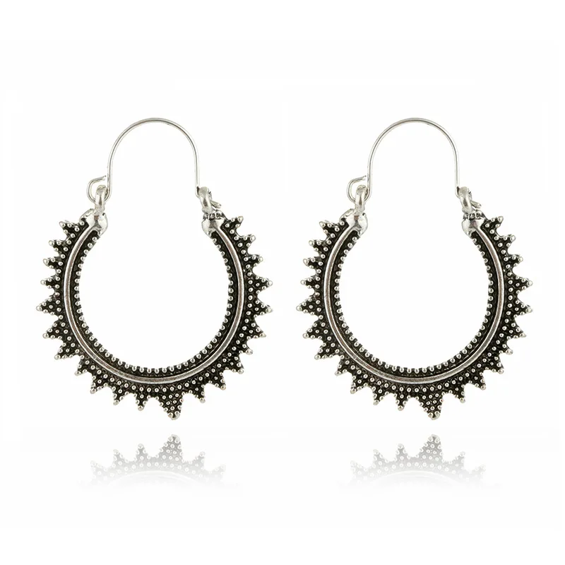 

Bohemian Ethnic Jewelry Retro Hollow Carved Raised Earrings Women Hoop Earrings Antique Silver Color For Friend Lover Gift