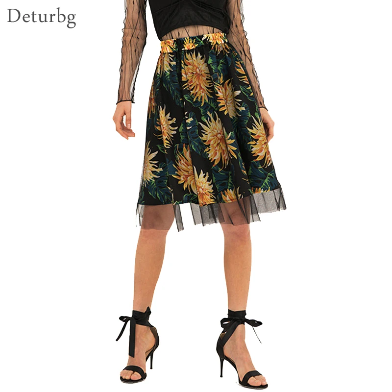 

Women's Florals Print Tulle Skirt Ladies Boho Style Elastic High Waist Pleated Mesh Knee-length Skirts Saias 2019 Summer SK315