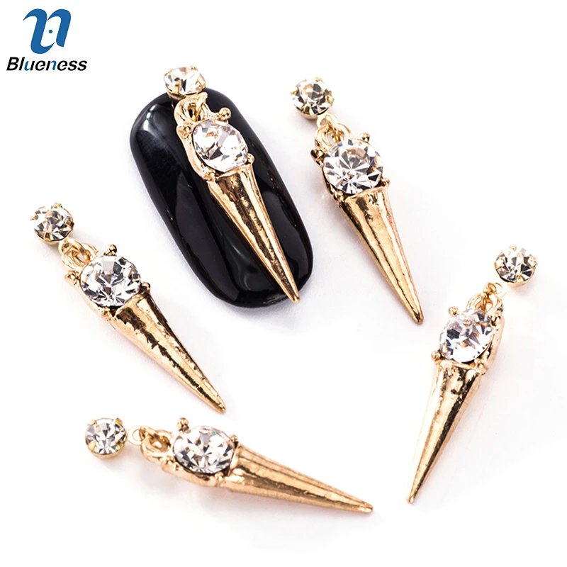 

10Pcs/lot Nail Art Gold Alloy Awl-shaped Design Rhinestone Jewelry 3D Nail Decorations Nail Art Accessories TN2037