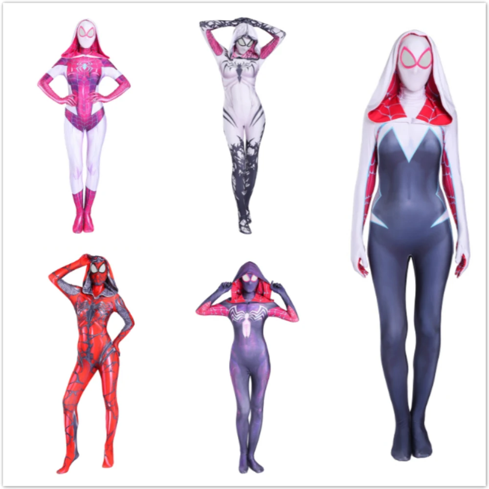 Women Girls Venom Spider Gwen Stacy Cosplay Costume Spiderman Zentai Superhero Bodysuit Suit Jumpsuits costume