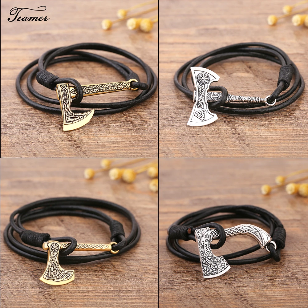 Teamer Mens Bracelet Axe Wrap Viking Bracelet for Men Leather Accessories Silver Color Hatchet Handmade Pirate For Male bracelet jewelry