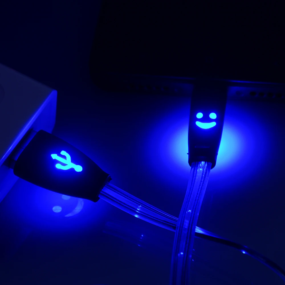 Romichw المصغّر USB كابل الوجه المبتسم مصباح LED متوهج ضوء سريع تهمة كابل يو اس بي ل فون شاحن هاتف محمول يعمل بنظام تشغيل أندرويد USB شحن الكابلات