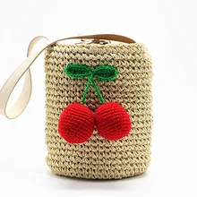 New Women's Handbag For Women Cute Hair Ball Cherry Handmade Straw Bags Summer Vacation Beach Bag Drawstring Basket Handbags summer travel handbags drawstring basket bag leisuretote hair ball lace bohemian beach bag for women retro handmade straw bags