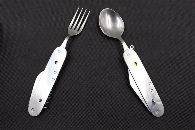 Outdoor Multi-Function Fork Knife Tableware Tools Stainless Steel Portable 4 in 1 Folding Fork Knife for Camping Picnic Travel