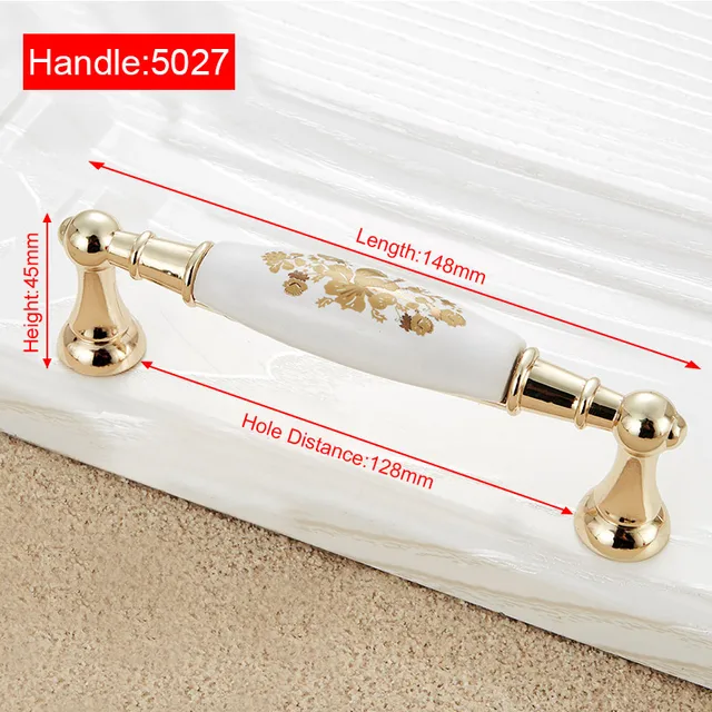 NAIERDI Gold White Creamic Gold Cabinet Handles Knobs Drawer Pulls Kitchen Door Handles Furniture Handle Cabinet Door Hardware 5027-128GF