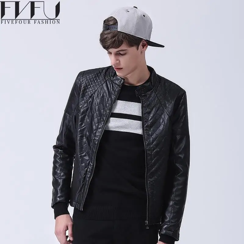 Image 2017 Fashion Bomber Jacket Men Cool Pu Leather Jacket Black Lattice Zipper Long Sleeves Slim Fit Casual Coats Jackets Plus Size