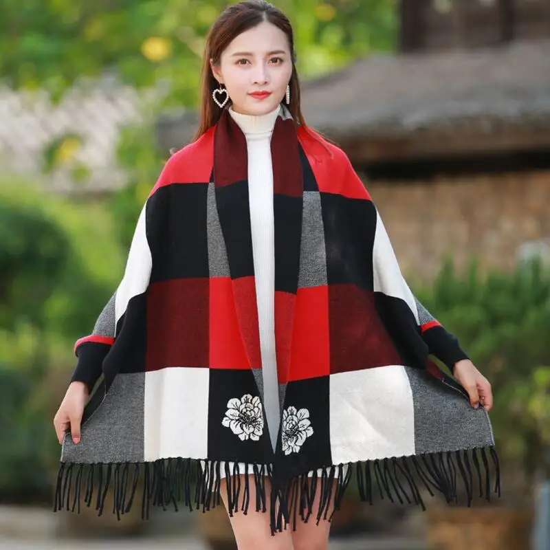 Female autumn and winter large plaid shawl dual-use cloak tassel double-sided jacquard bat sleeve sweater jacket