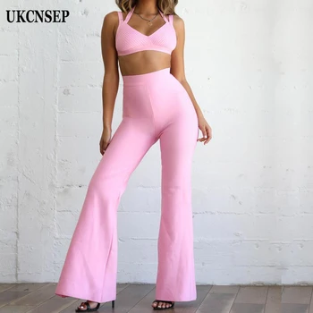 

UKCNSEP Women Set Spaghetti Strap V-neck Short Top Long Pants Loose Flared Trousers Tracksuit Women