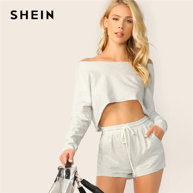 

SHEIN Heathered Knit Crop Top And Shorts Set Summer Stretchy Grey Long Sleeve Two Piece Set 2019 Boat Neck Women Two Piece