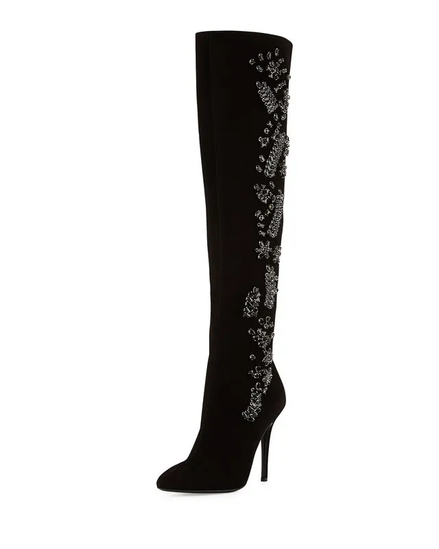 

Studded boots Autumn Winter boots knee-high super high thin heels pointed-toe crystal decoration women casual shoes black