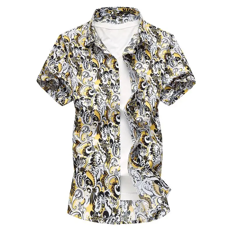 

Floral Shirt Short sleeve Flower Camisa masculina Blouse Men Casual Slim Blue Yellow Summer Dress Mens Shirts Fashion